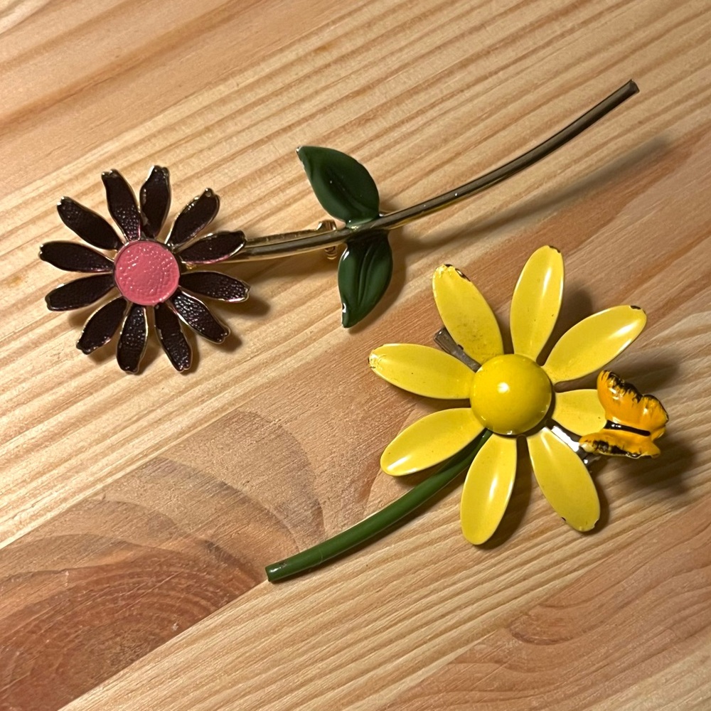 Two Vintage Enamel Brooches Hot Pink & Black Daisy & Yellow Flower W/ Butterfly